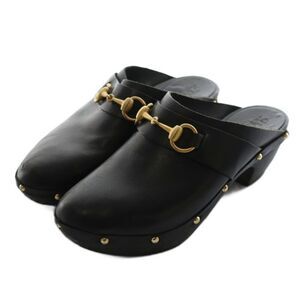 Gucci Horsebit Sabot Sandals Mule Studs Leather 37 Black AQ • OS • SH